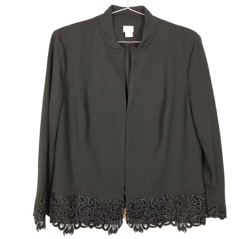 Chicos Women Lace Trim Peplum Jacket Size XL Black Preppy Office